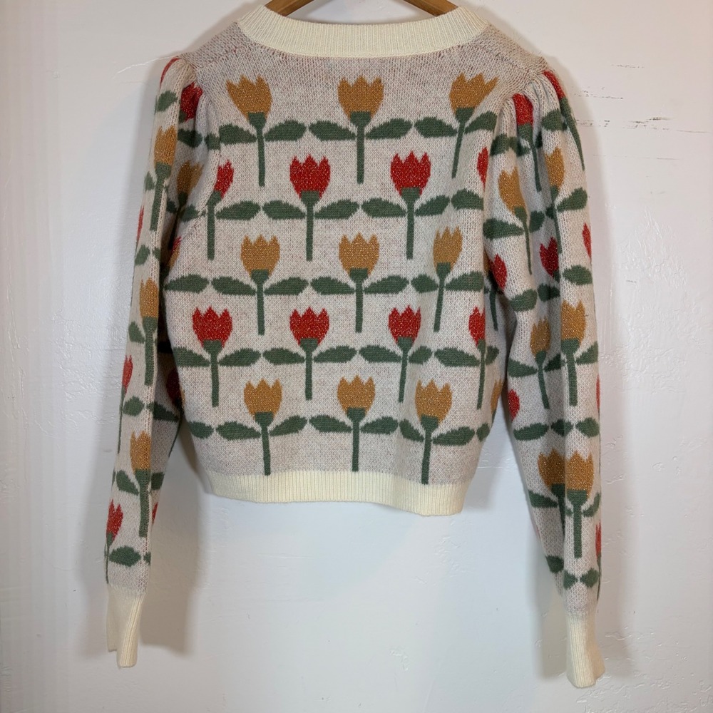 New- Cider Womens Small Jacquard Tulip Floral Ruffle Knit Cardigan Sweater Ivory - Picture 4 of 7